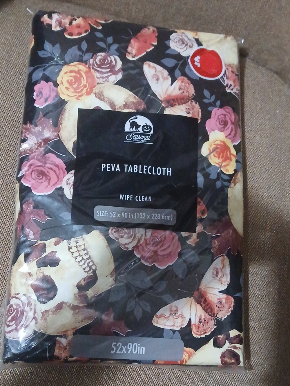 Seasonal PEVA Tablecloth with Floral & Skull Design - Black, Pink, Cream